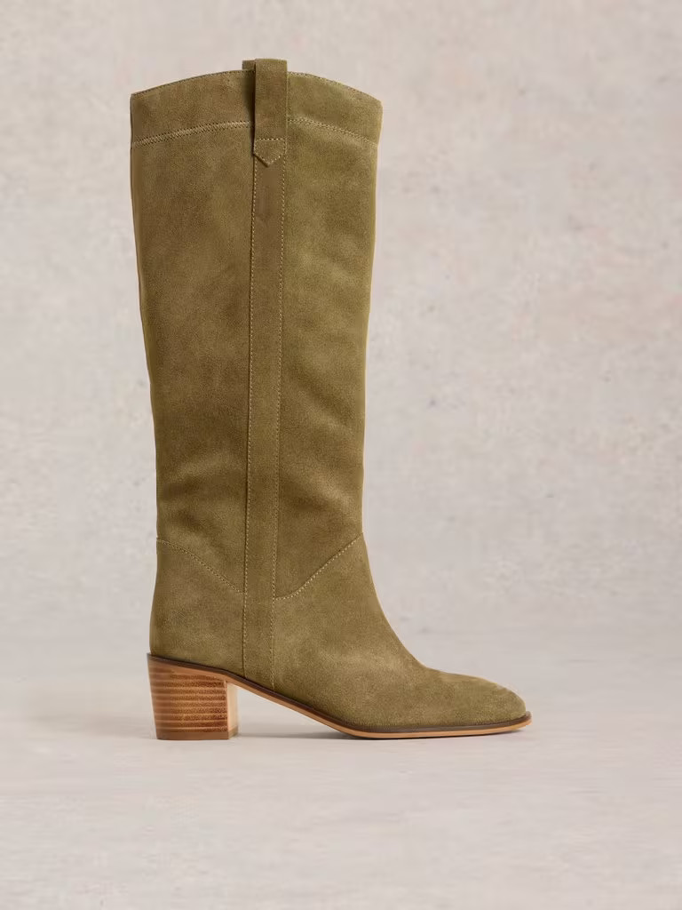 Izzy Suede Knee High Boots in KHAKI GREEN | White Stuff UK