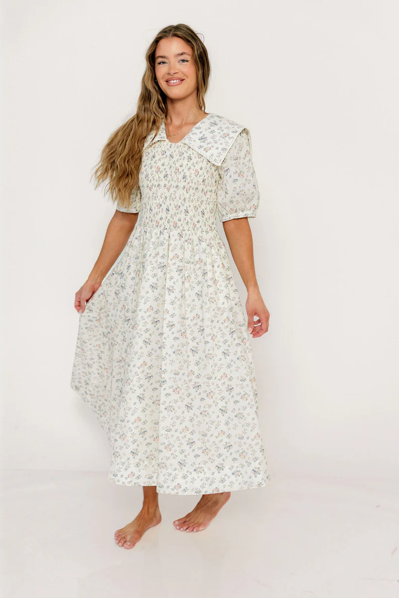Wray Oversized Collar Smocked Midi Dress in Ivory | Worth Collective