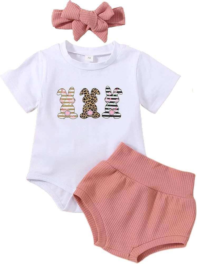 3Pcs Infant Baby Girl Easter Outfit –Short Sleeveless Bunny Romper Waffle Short Pants Easter Bunny C | Amazon (US)
