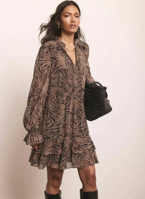 Brown Animal Print Ruffle Mini Dress | Mint Velvet