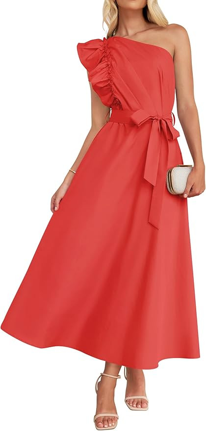 ZESICA Womens 2026 Summer One Shoulder Ruffle Maxi Dress Boho Sleeveless Empire Waist Tie Flowy B... | Amazon (US)