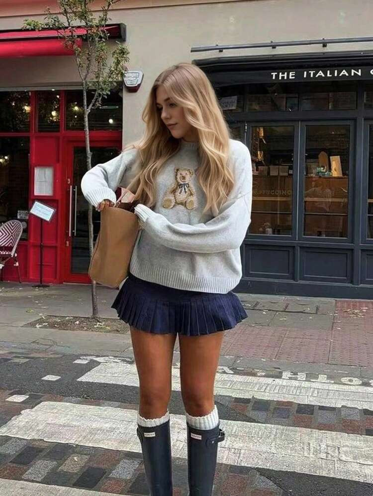 Plus Size Women Cartoon Bear Round Neck Long Sleeve Pullover Knit Sweater, Suitable For Thanksgiving, Teacher, Halloween, Homecoming, Back To School, Streetwear, Concert, Fall, Party | SHEIN