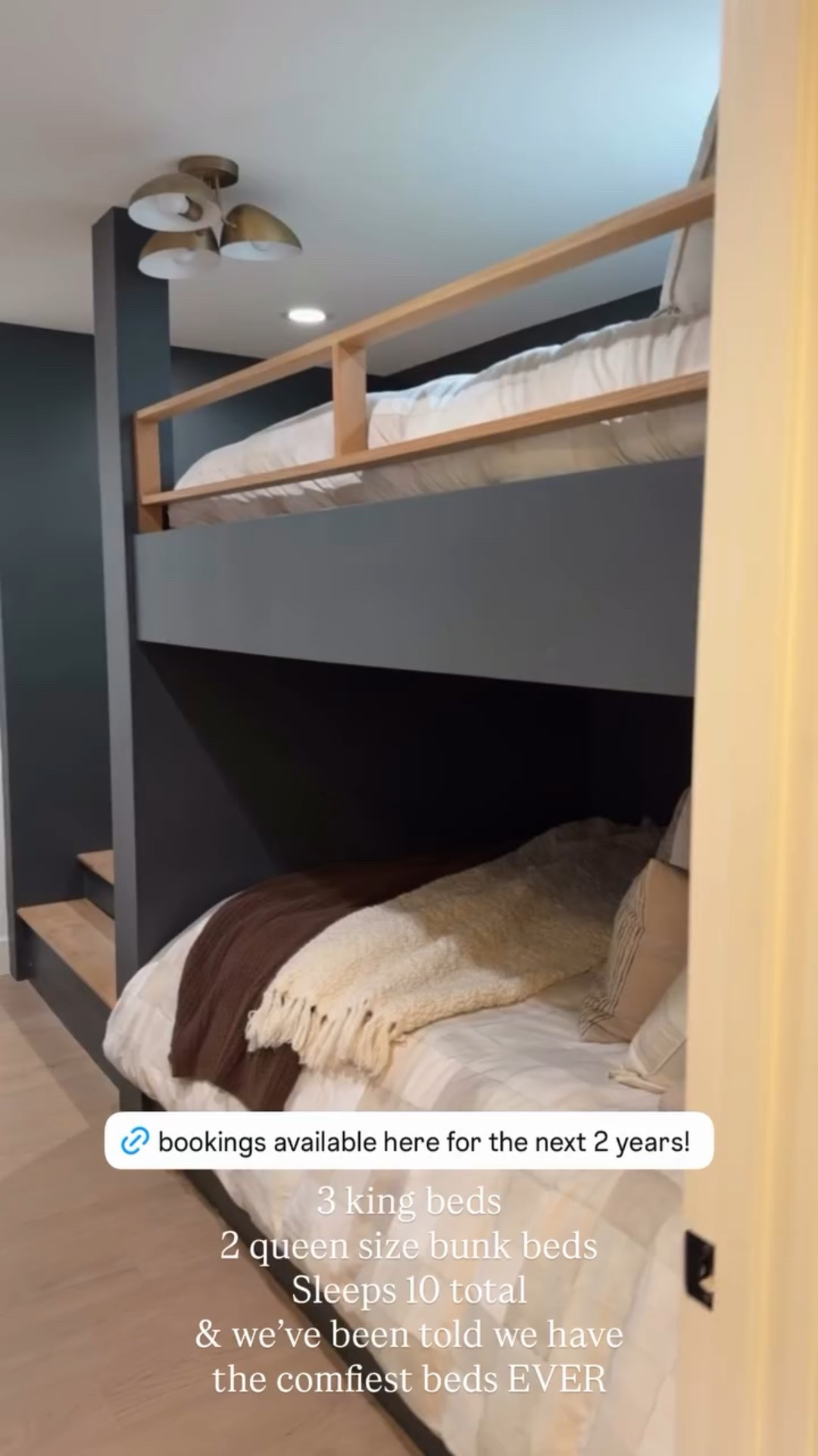 3 king beds
2 queen size bunk beds
Sleeps 10 total
& we’ve been told we have the comfiest beds EVER