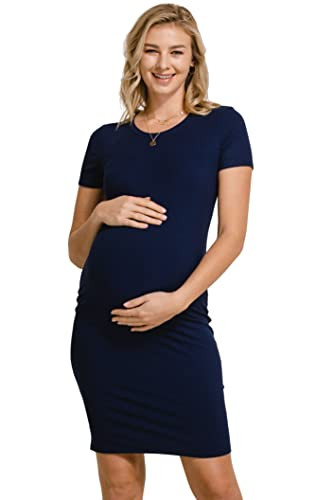 LaClef Women's Maternity Short Sleeve Bodycon Ribbed Dress (Navy,M) | Amazon (US)