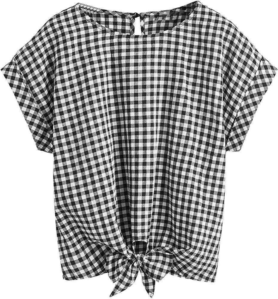 Romwe Women's Casual Plaid Batwing Short Sleeve Knot Front Loose Blouse Tops Shirts | Amazon (US)