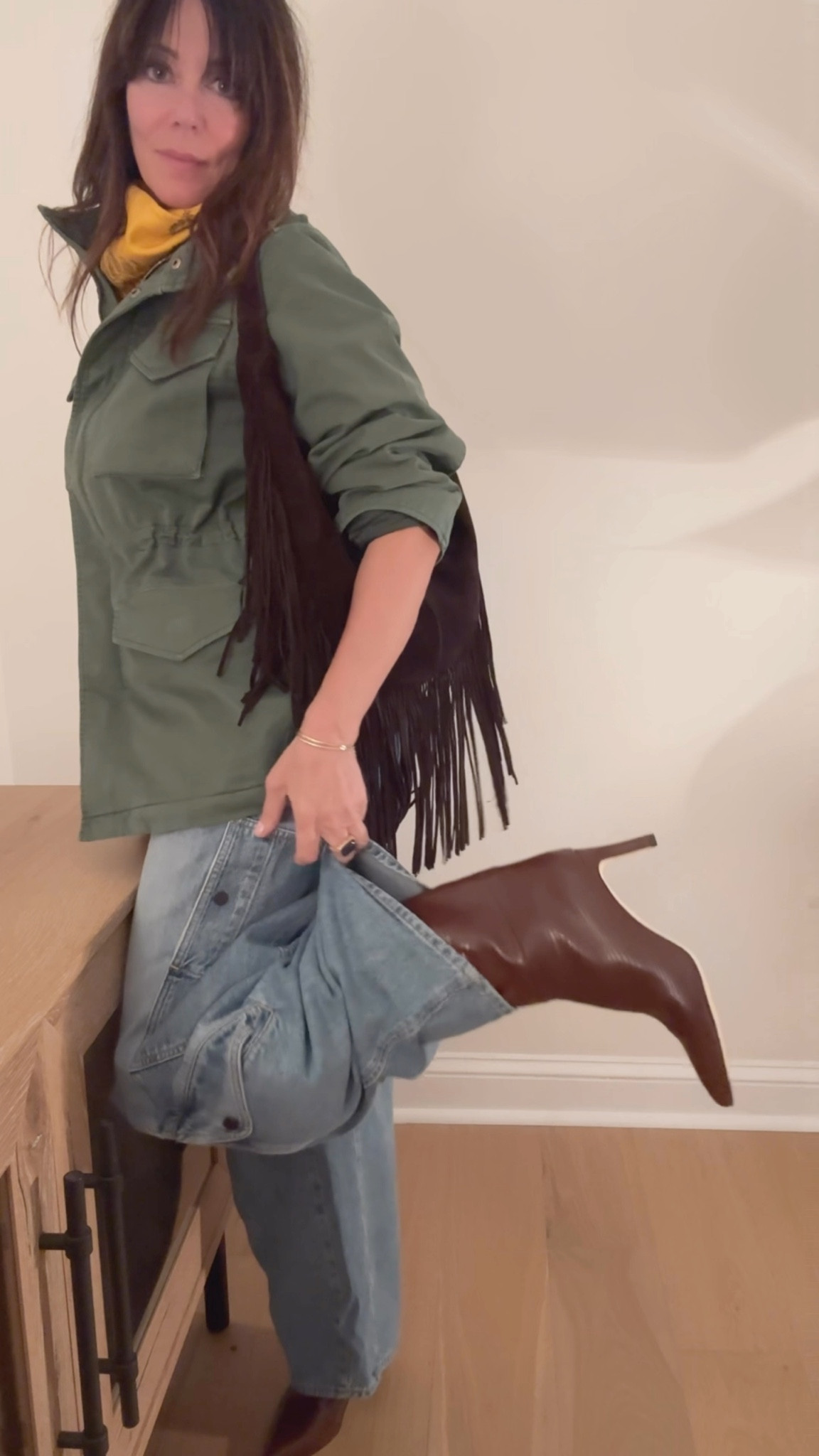 Outfit I’m wearing on repeat! Hurry and get 30% off madewell for insiders! Army jacket was sold out but restocked today!! Wearing small 
Suede fringe bag is a rich chocolate suede ❤️
Jeans tts 


#LTKFindsUnder100 #LTKStyleTip #LTKFallSale