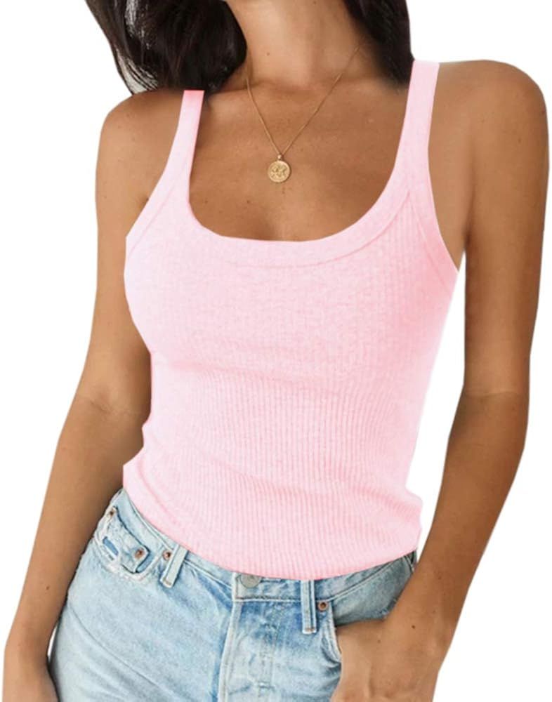 Pepochic Women's Scoop Neck Ribbed Tank Tops Workout Sleeveless Summer Casual Fitted Cami Shirt | Amazon (US)