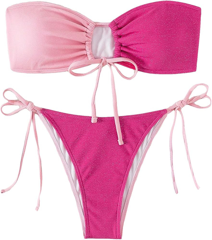 WDIRARA Women's Strapless Bandeau Smocked 2 Piece Swimsuit Floral Print O Ring Cheeky Bottom Biki... | Amazon (US)