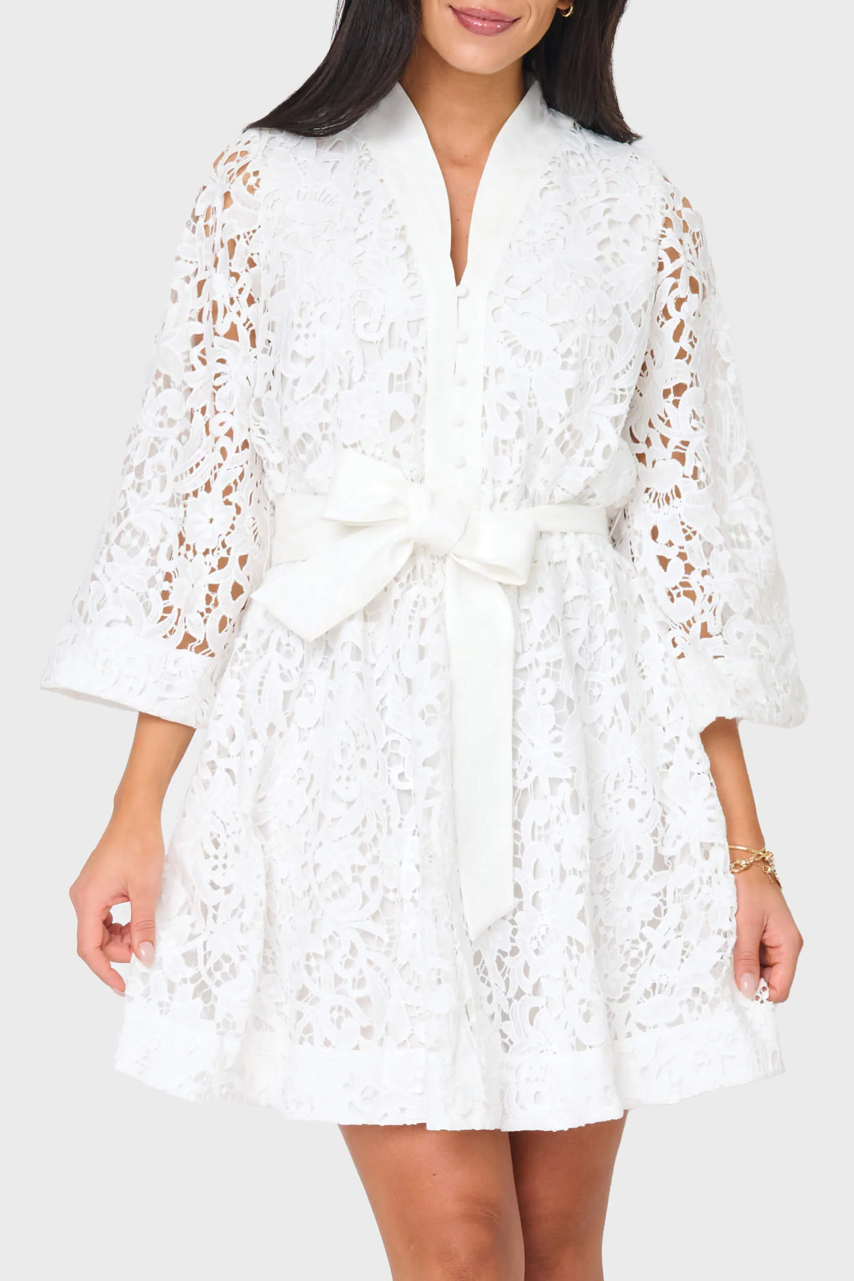 Lovely In Lace Day Dress | Button Front Tie Waist White Dress | Gibsonlook