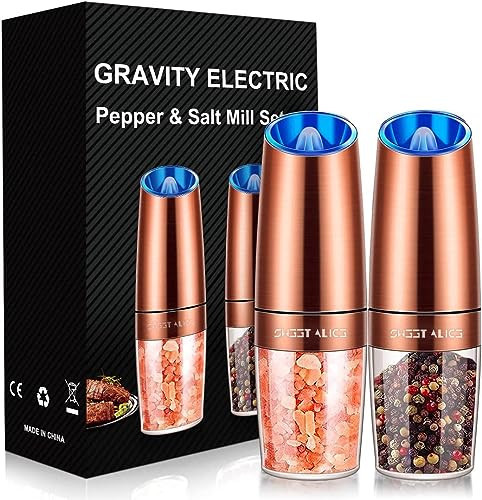 Gravity Electric Pepper and Salt Grinder Set, Adjustable Coarseness, Battery Powered with LED Light, One Hand Automatic Operation, Stainless Steel Copper, 2 Pack | Amazon (US)