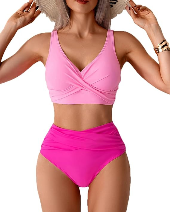 Women High Waisted Bikini Sets V Neck Cross Twist Front Two Piece Swimsuit Tummy Control Bathing ... | Amazon (US)