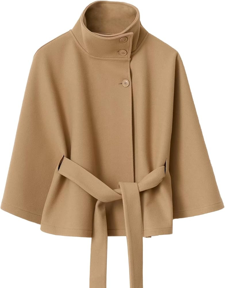 Ainangua Womens Batwing Sleeve Poncho Peacoat Oversized Stand Collar Belt Cape Coat Jacket Cloak ... | Amazon (US)