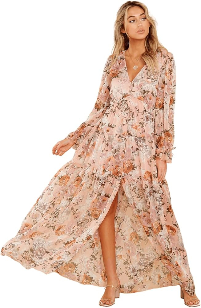 Women's Deep V-Neck Lantern Sleeve Long Bohemian Floral Printed Dress Beach Cover Up Casual Loose Sp | Amazon (US)