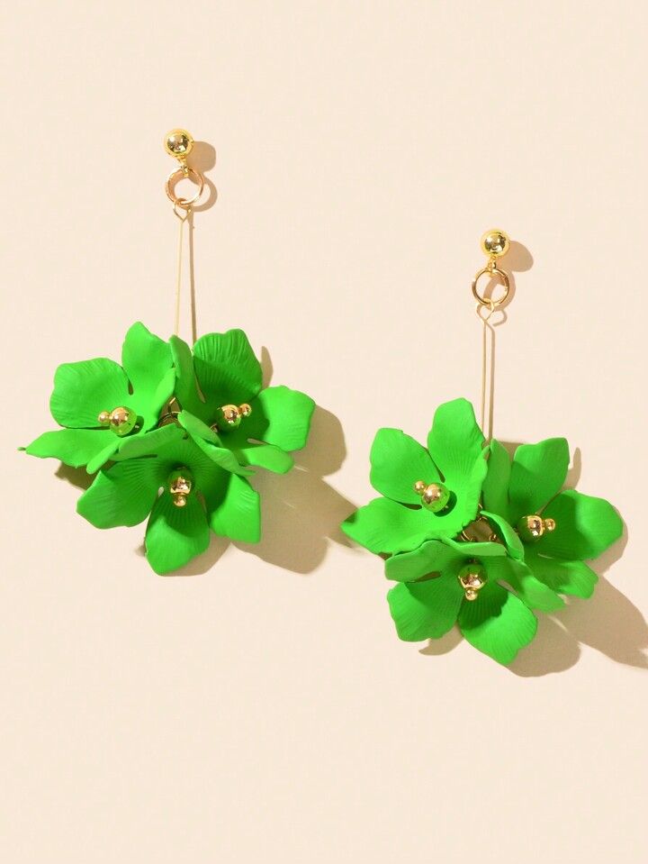 1pair New Arrival Chic Green Flower Petal Dangle Earrings for Women Party Dinner Jewelry Gift | SHEIN