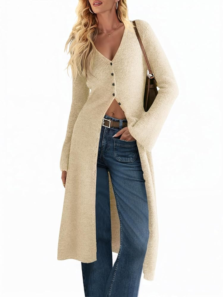 Saodimallsu Womens Long Cardigan Sweaters Oversized Bell Sleeve Open Front Button Down Casual Kni... | Amazon (US)