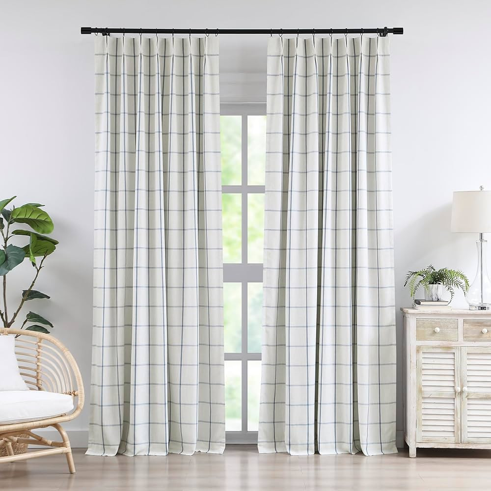 Vision Home Blue Plaid Linen Pinch Pleated Full Blackout Curtains Checkered Thermal Insulated Win... | Amazon (US)