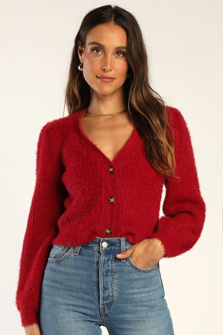 Cozy Touch Wine Red Eyelash Knit Button-Up Cardigan Sweater | Lulus (US)