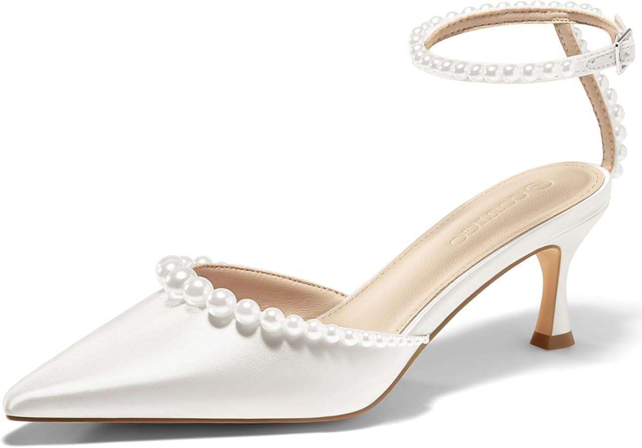 Coutgo Womens Pearl Kitten Heels Closed Pointed Toe Wedding Bride Dress Shoes Ankle Strap Satin P... | Amazon (US)