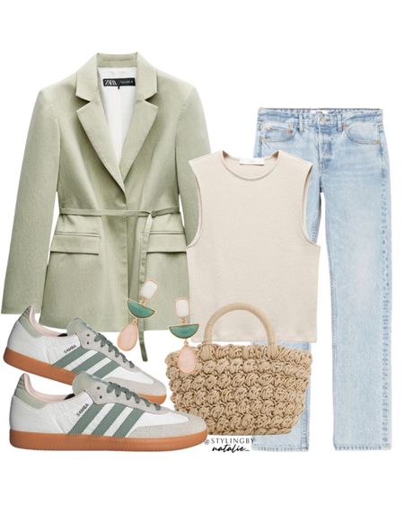 Green blazer, mid rise straight jeans, knit vest top, braided tote bag, adidas samba trainers & earrings. Spring outfit, high street outfit, casual look

#LTKstyletip #LTKshoecrush #LTKeurope