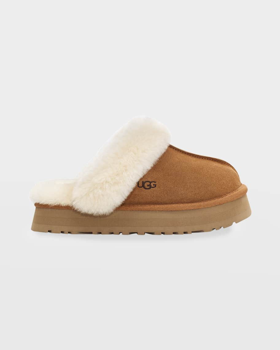 Disquette Suede & Shearling Platform Slippers | Neiman Marcus