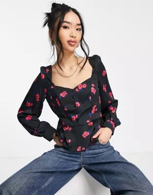New Look square neck puff sleeve blouse in black floral print | ASOS (Global)