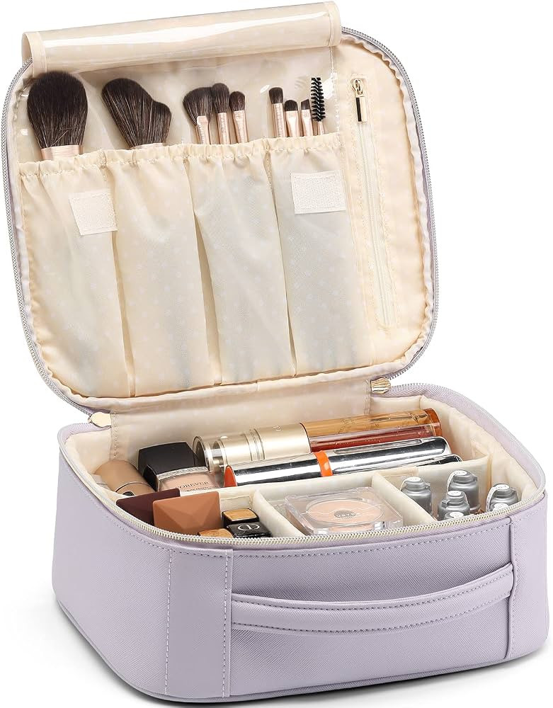 Vlando Makeup Bag Travel Cosmetics Bag Faux Leather Make up Bag Portable Artist Storage Bag with ... | Amazon (US)