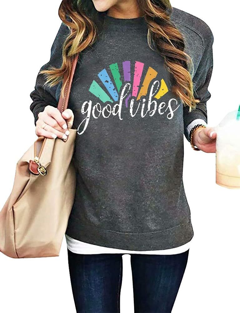 Good Vibes Sweatshirts Women Long Sleeve Crewneck Pullover Shirts Casual Loose Blouse Tops | Amazon (US)