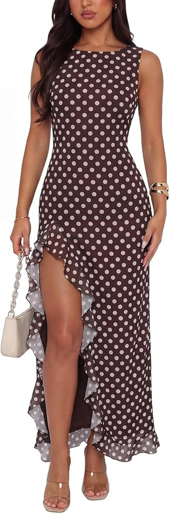 Women Sexy High Slit Mesh Ruffle Mermaid Maxi Dress Sleeveless Bodycon Wedding Guest Cocktail Par... | Amazon (US)