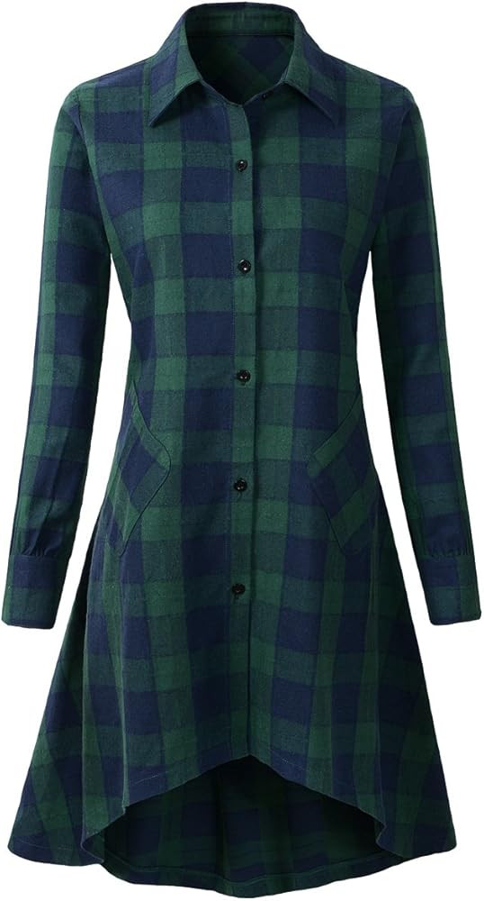 olrain Womens Plaids V Neck Long Sleeve Irregular Hem Casual Shirt Dress | Amazon (US)