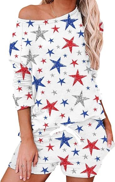 4th of July Women's Summer Patriotic Two Piece Outfits Off the Shoulder Shorts Sets American Flag Pa | Amazon (US)
