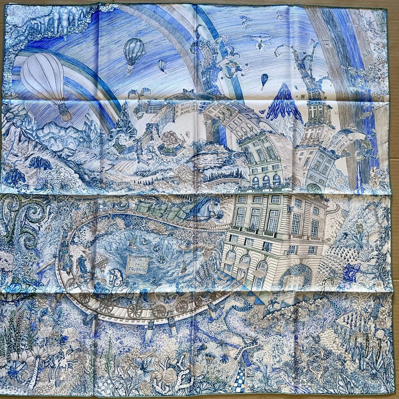 New Hermes Silk Les Folies du Faubourg scarf 90 34"x34" gray blue | eBay US