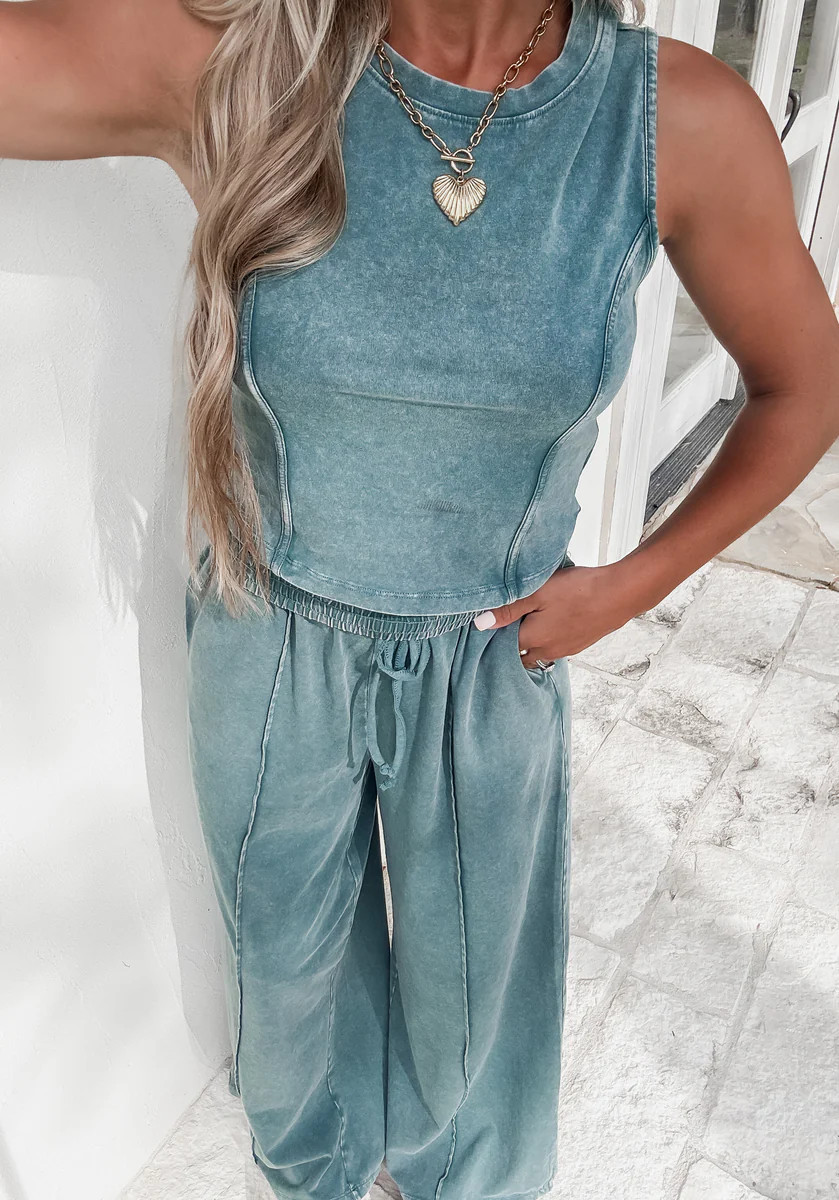 Easy Going Mineral Wash Pant Set - Dark Teal | CK Squared Boutique