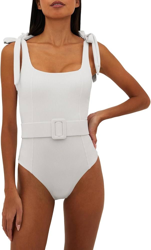 Saodimallsu Womens Sexy One Piece Bathing Suit High Cut Knit Square Neck Tied Strappy Swimsuit wi... | Amazon (US)