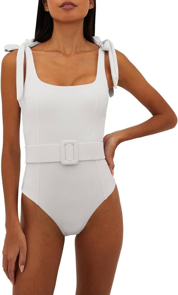 Saodimallsu Womens Sexy One Piece Bathing Suit High Cut Knit Square Neck Tied Strappy Swimsuit wi... | Amazon (US)