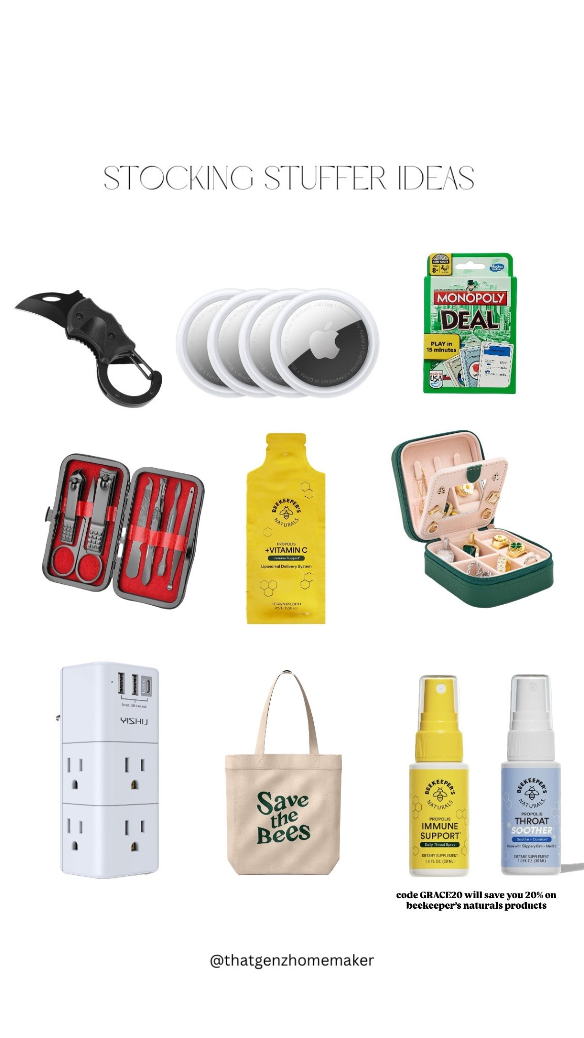 adult stocking stuffer ideas 

use code GRACE20 if you stock up on any beekeepers naturals products 

stocking stuffers for adults, amazon stocking stuffers, stocking stuffers for men

#LTKHoliday #LTKFindsUnder100 #LTKGiftGuide