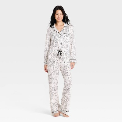 Women's Cloud Knit Modal Long Sleeve Notch Collar Top and Pants Pajama Set - Auden™ Green 3X | Target