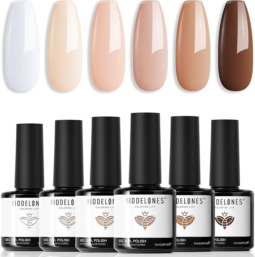 modelones Gel Nail Polish Set- 6 Colors White Nude Brown Gel Polish Skin Tone Neutral Beige Tan T... | Amazon (US)