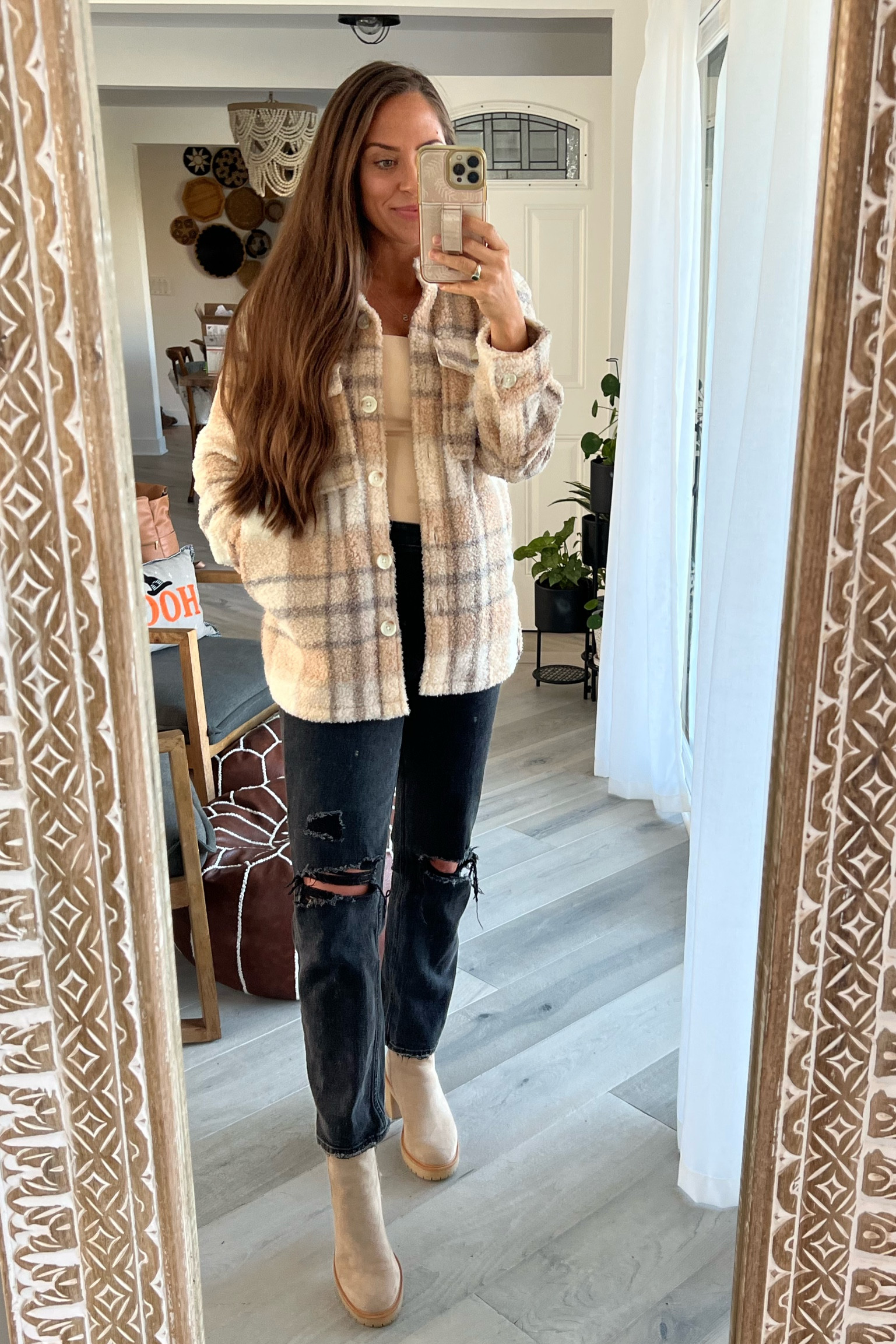 fall pumpkin picking/fall day date/ fall casual outfit/ neutral fall outfit. neutral plaid shacket, beige fall boots, Abercrombie shacket, ripped jeans. Abercrombie sale. 

#LTKunder100 #LTKSeasonal #LTKstyletip