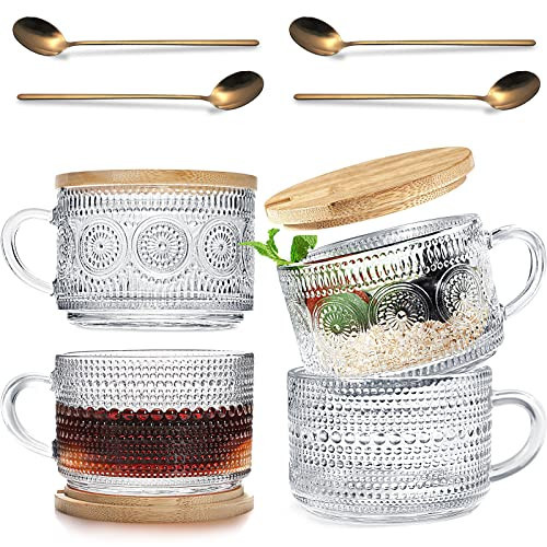 4 Pcs Vintage Glass Coffee Mugs, Overnight Oats Containers with Lids and Spoons, 14oz Clear Glass Tea Cups, Cute Coffee Bar Accessories, Iced Coffee Glasses, Ideal for Cappuccino, Tea, Latte, Oats | Amazon (US)