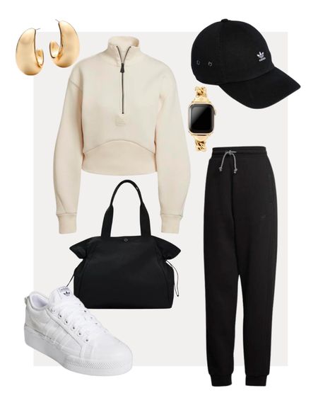 Casual outfit idea.

loungewear // lounge set // neutrals // athleisure // active wear // sweatshirts // half zip // travel outfit // airport outfit // airport look

#LTKFind #LTKxadidas #LTKunder100