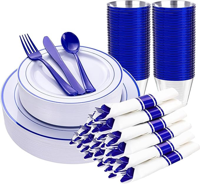 WELLIFE 210 Piece Blue Disposable Dinnerware Set,Plastic Plates for Party, Include: 30 Dinner Pla... | Amazon (US)