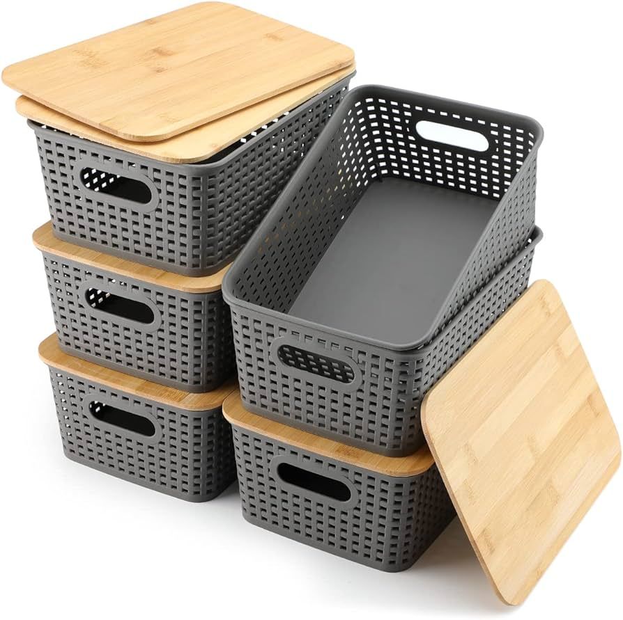 Storage Bins with Bamboo Lids Set of 6 Lidded Storage Container Plastic Baskets Organizer Bins fo... | Amazon (US)