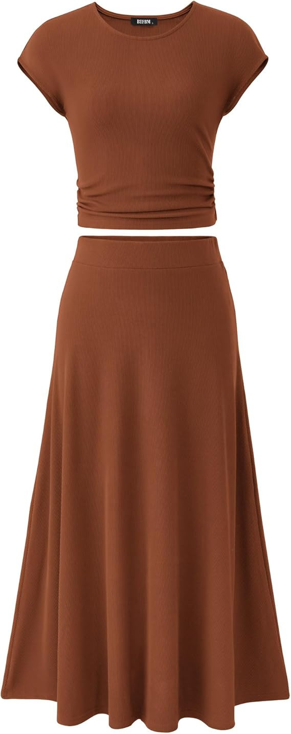 BTFBM Women Two Piece Skirt Set Casual Ribbed Knit Crew Neck Short Sleeve Cropped Top Elastic Wai... | Amazon (US)