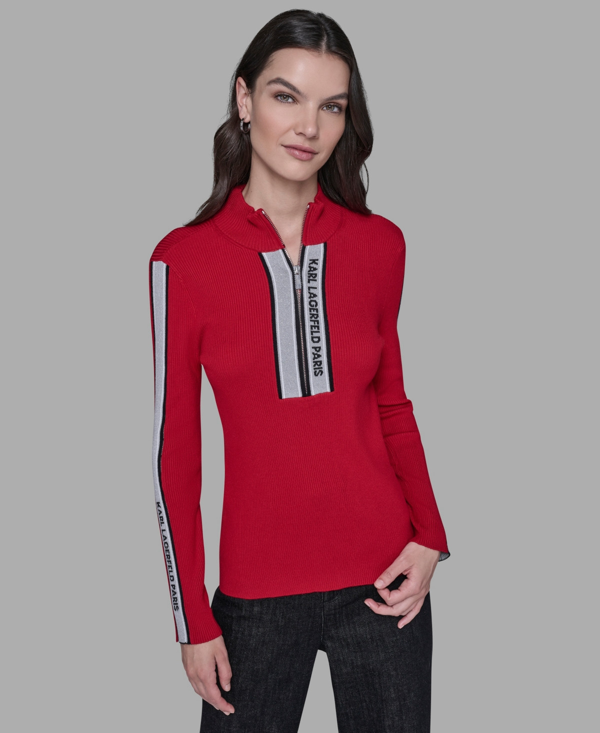 Karl Lagerfeld Paris Women's Logo Tape Zip-Up Sweater - Admiral Red | Macy's