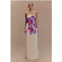 Amaya Strapless Chiffon Maxi Dress - Ivory Koi Orchid Print I MESHKI I Size XS | MESHKI US