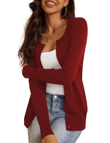 a.Jesdani Womens Cardigan Long Sleeve Crew Neck Button Down Soft Cardigan Sweaters for Women Burgundy S | Amazon (US)