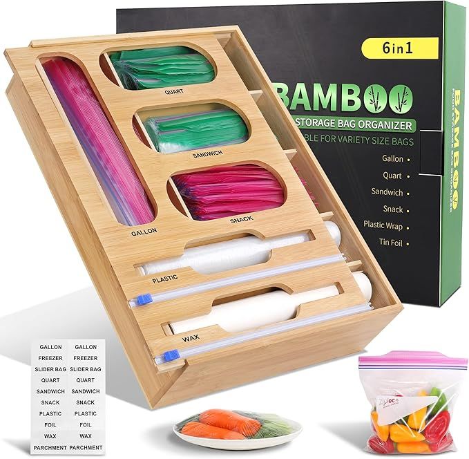 Ziplock Bag Organizer, 6 in 1 Bamboo Food Storage Bag for Kitchen Drawer or Wall Mount, Cling Fil... | Amazon (US)