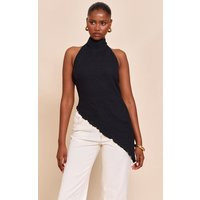 Black Textured High Neck Asymmetric Hem Detail Long Top | PrettyLittleThing US