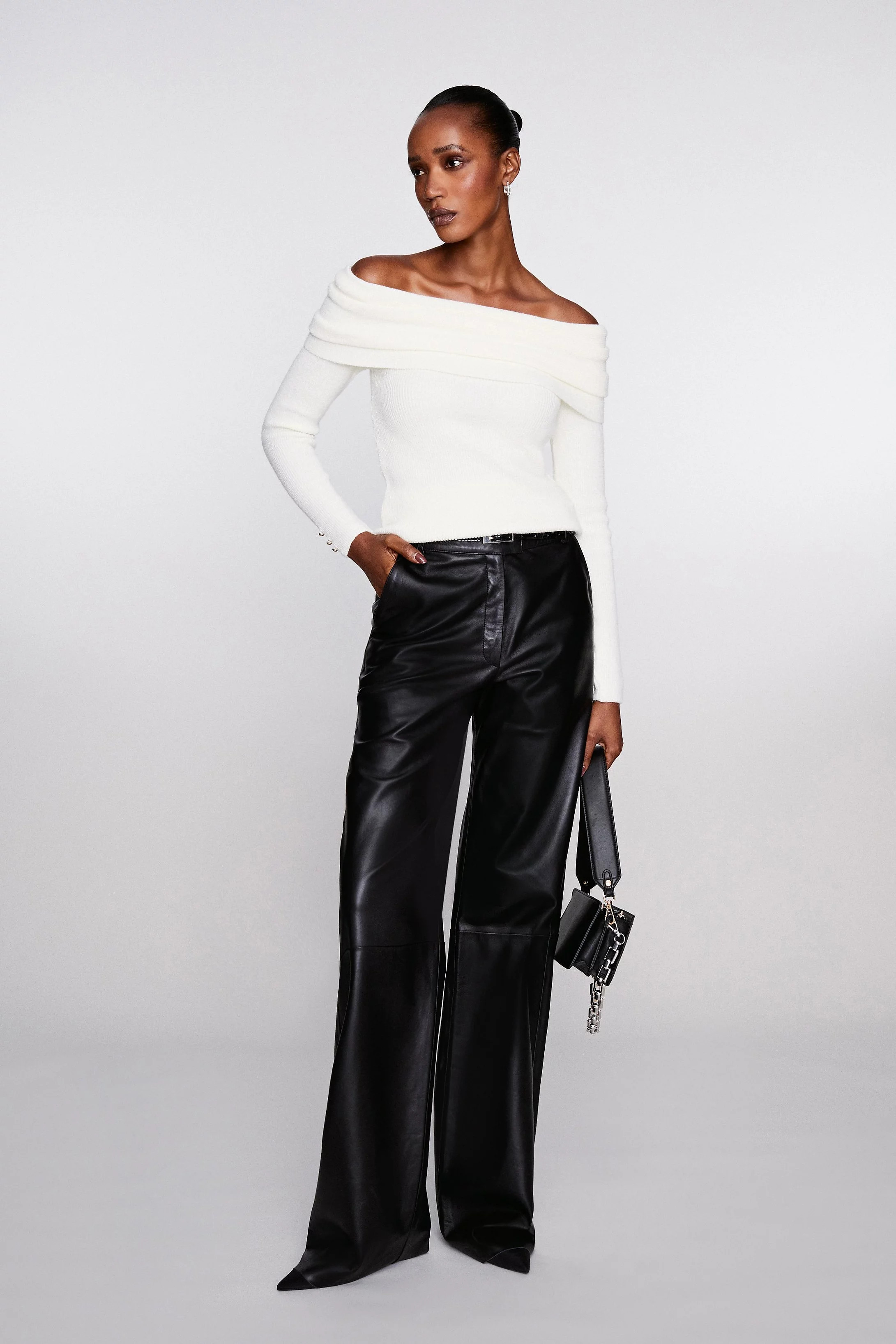 Petite Leather Clean Wide Leg Pants | Karen Millen US