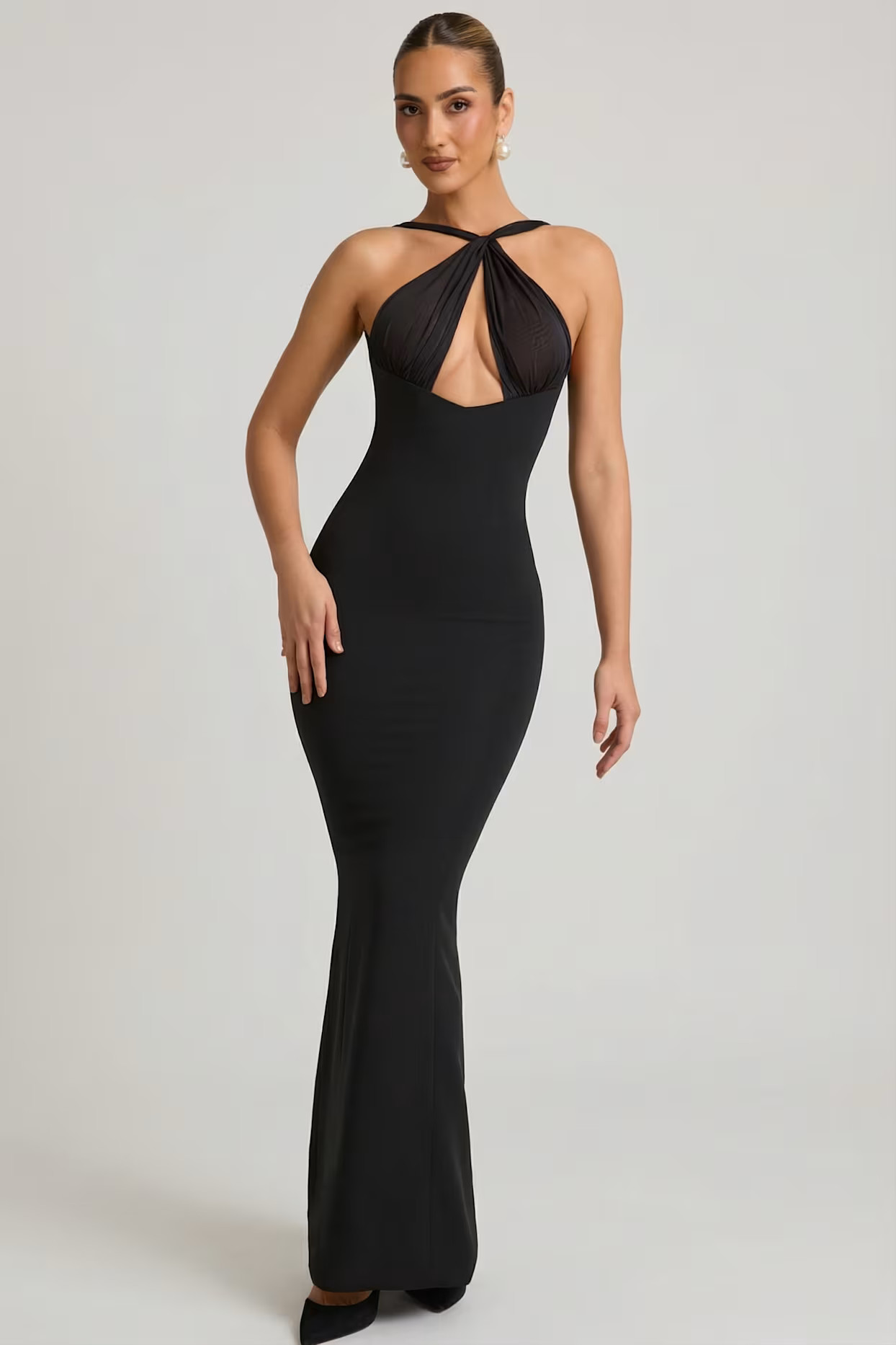 Pearl-Detail Halterneck Maxi Dress in Black | Oh Polly